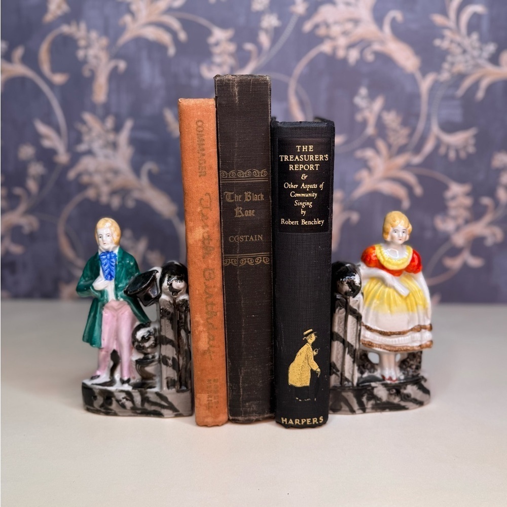 Vintage Early Century Victorian Man and Woman Porcelain Bookends Made in Japan